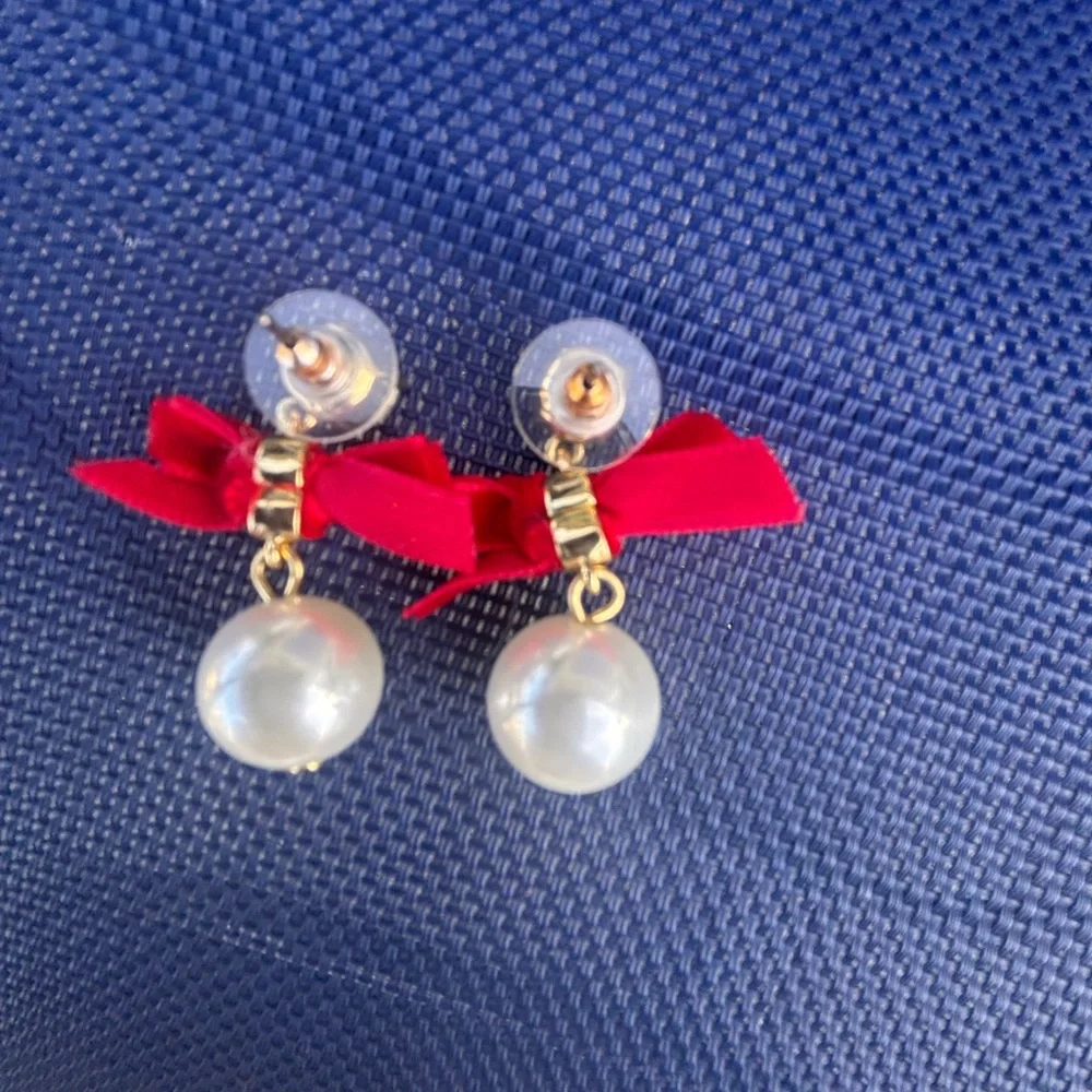 J. Crew Ruby Red and Gold Bow Pearl Drop Earrings